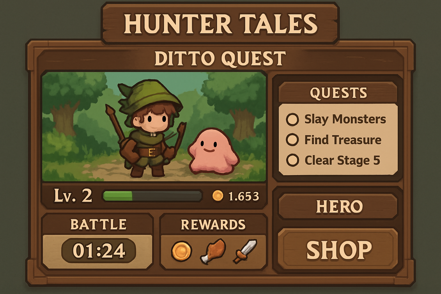 Idle RPG interface HunterTales Ditto Quest