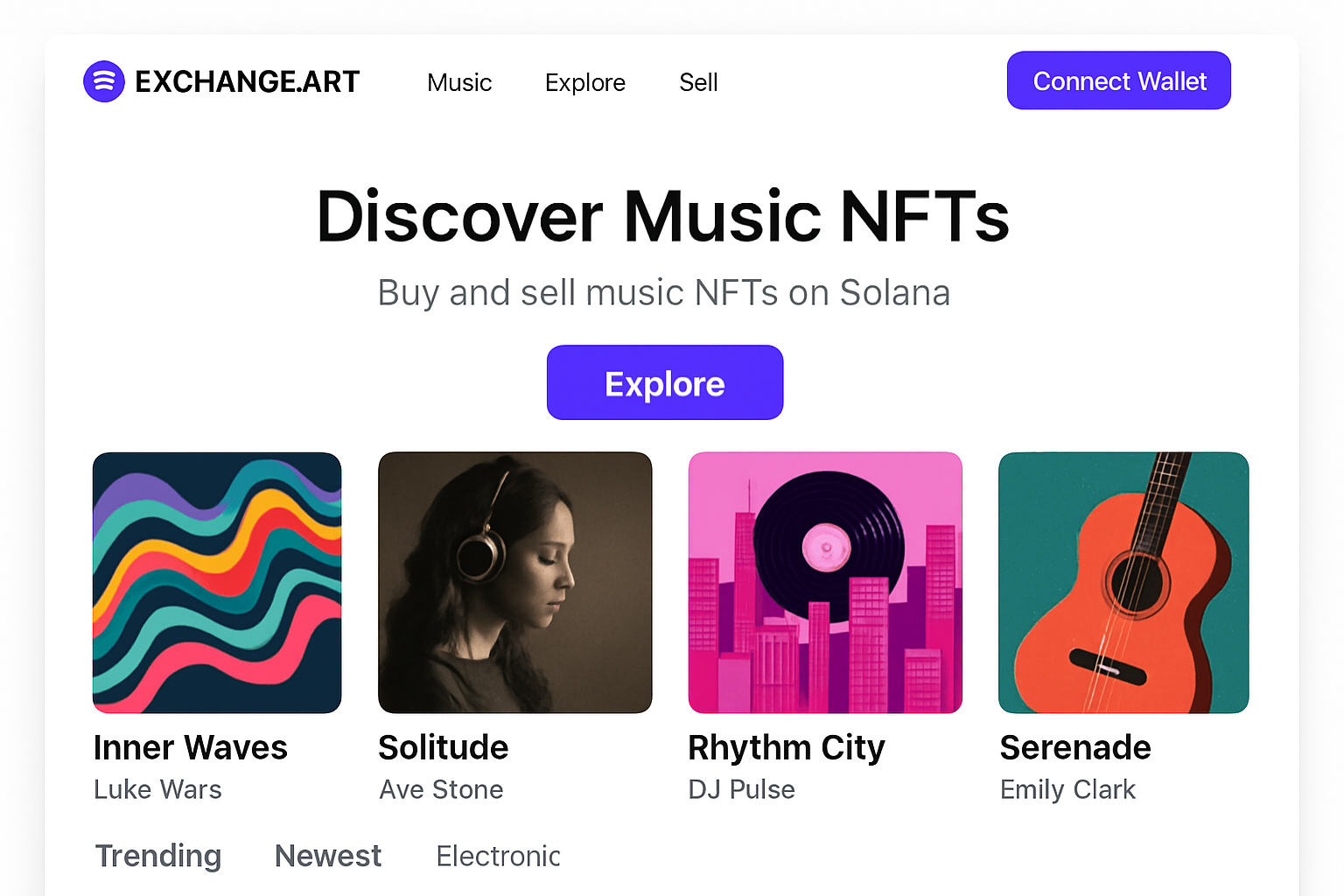 Exchange.Art Solana music NFT marketplace interface