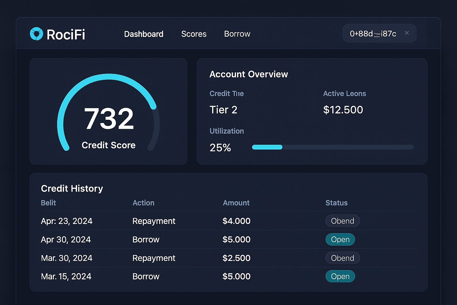 RociFi DeFi credit score platform interface