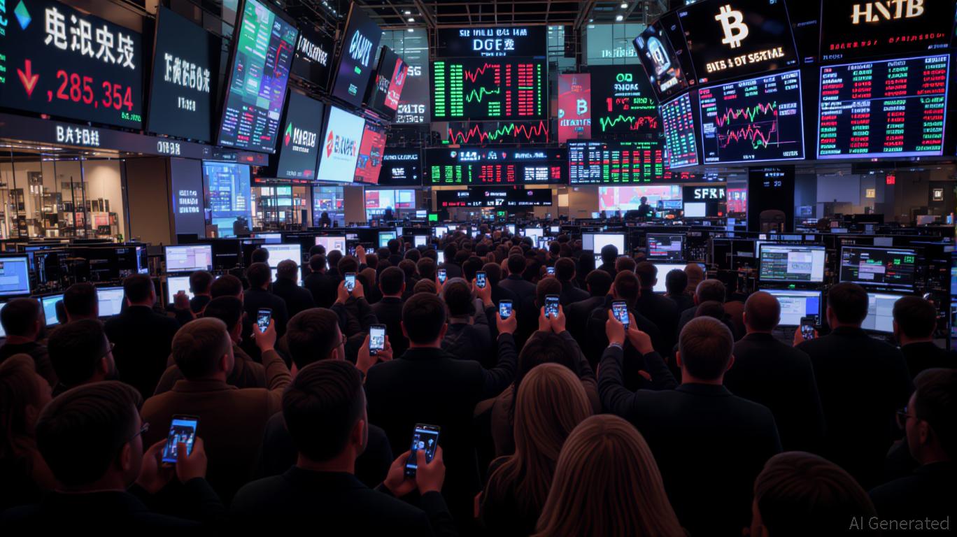Institutional investors on a trading floor with digital Bitcoin ETF displays and a dynamic, volatile market atmosphere