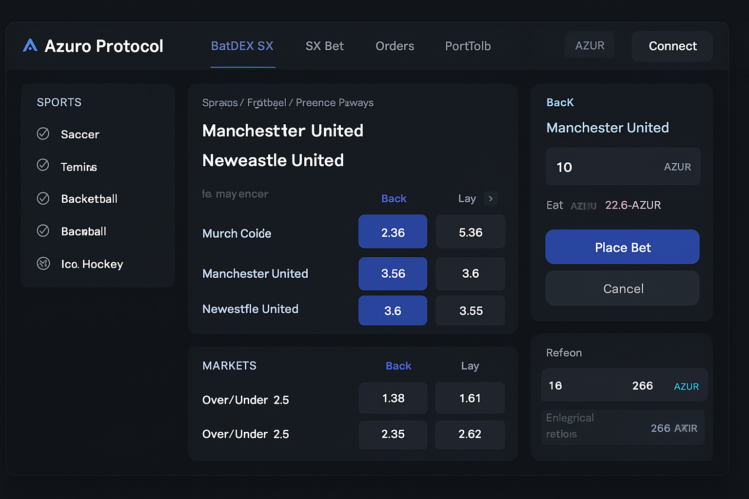 Blockchain-powered peer-to-peer sports betting exchange interface featuring Azuro Protocol, BetDEX Exchange, and SX Bet with live odds and active trading activity, highlighting no house edge and decentralized betting.