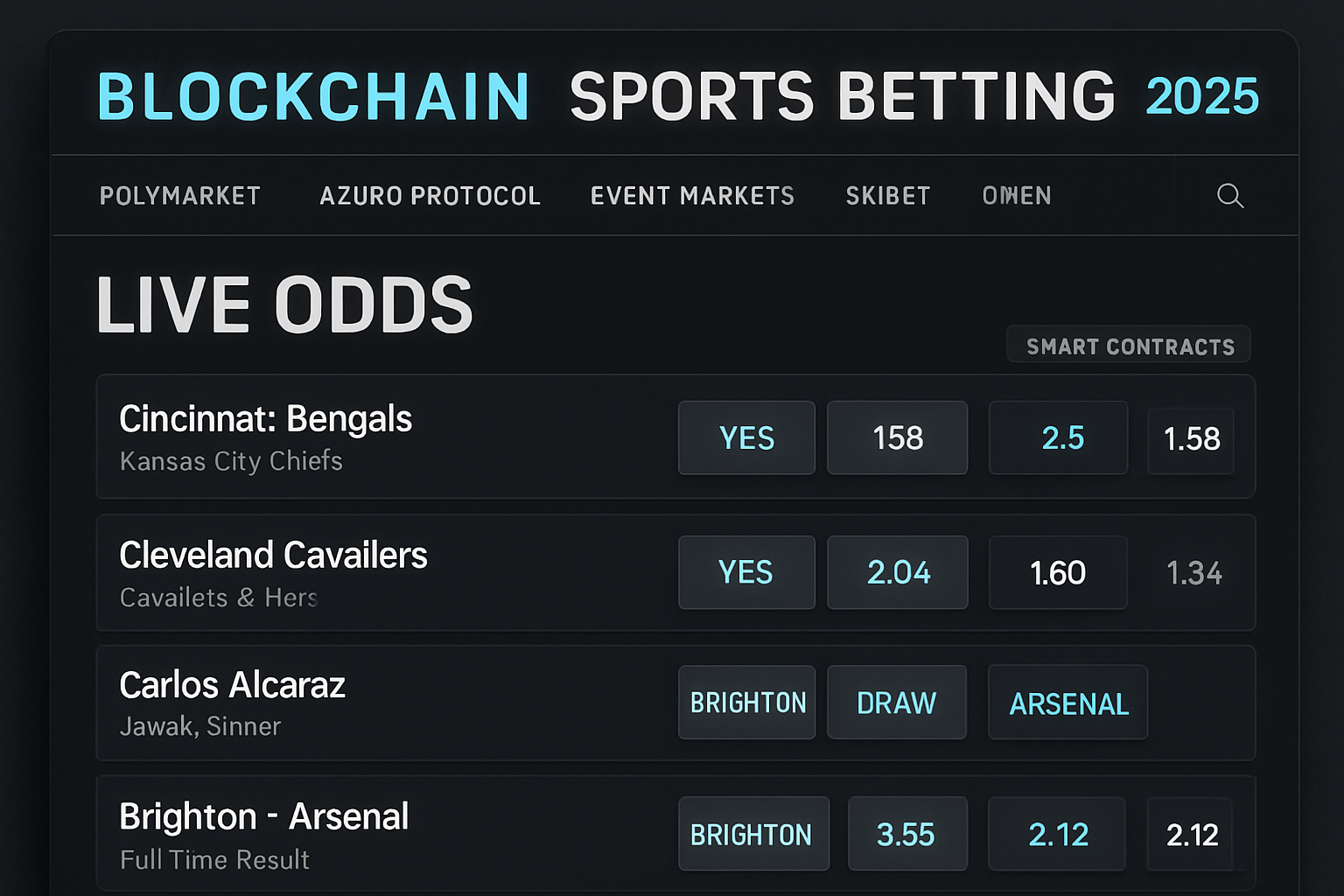 Blockchain sports betting interface in 2025 displaying live odds, smart contracts, and top platforms like Polymarket, Azuro Protocol, Event Markets, SX Bet, and Omen Prediction Markets