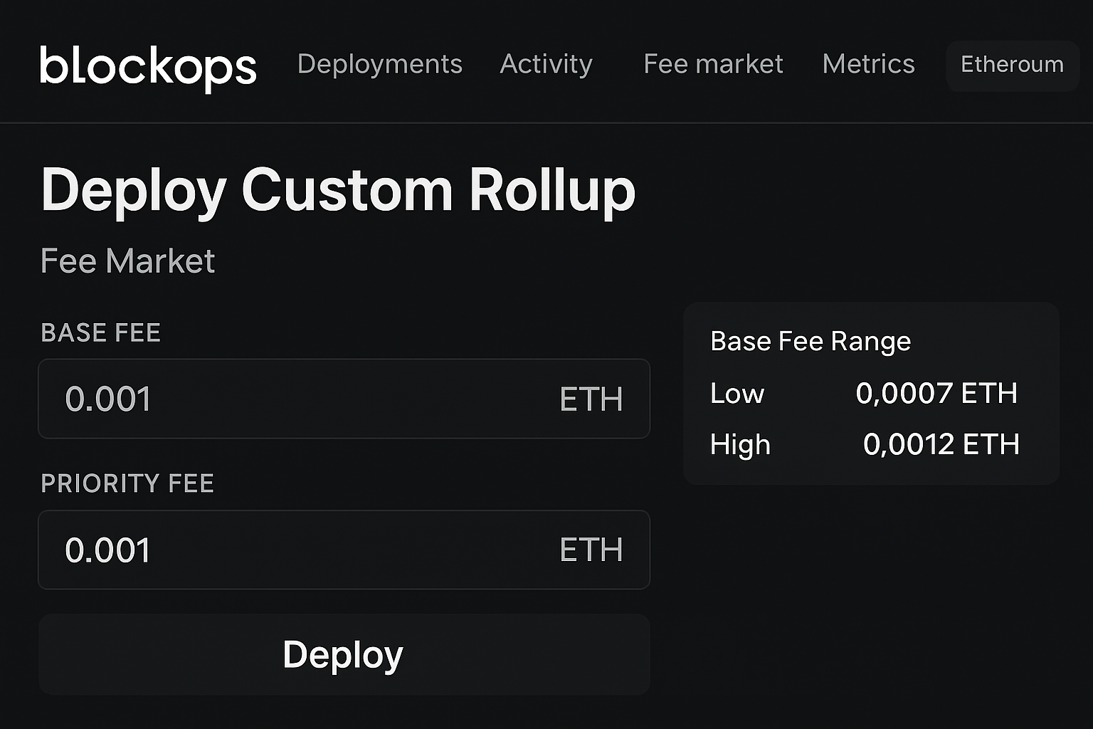 Blockops dashboard screenshot showing custom rollup deployment interface with specialized fee market configuration for Ethereum Layer 2 scaling solutions in 2025