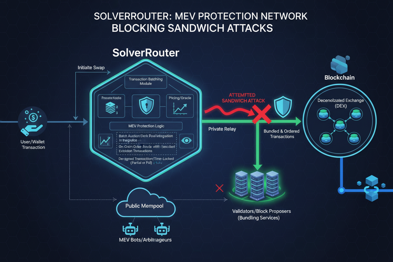 Bold diagram illustrating SolverRouter's solver network blocking a sandwich attack in real-time, showcasing MEV protection in intent-based DEX aggregators