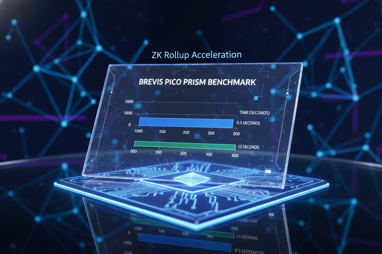 Brevis Pico Prism zkVM benchmark chart showing 1500 zero-knowledge proofs generated in 0.3 seconds for Ethereum blocks