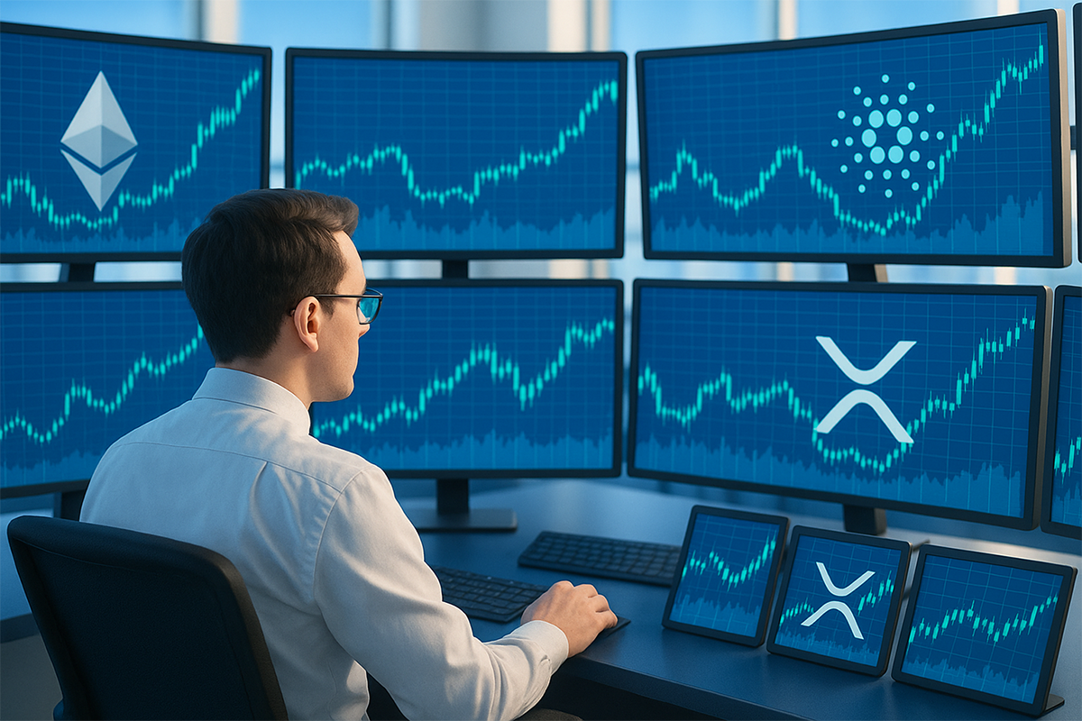 Bullish institutional traders discussing Ethereum market trends at a modern trading desk with digital charts in the background