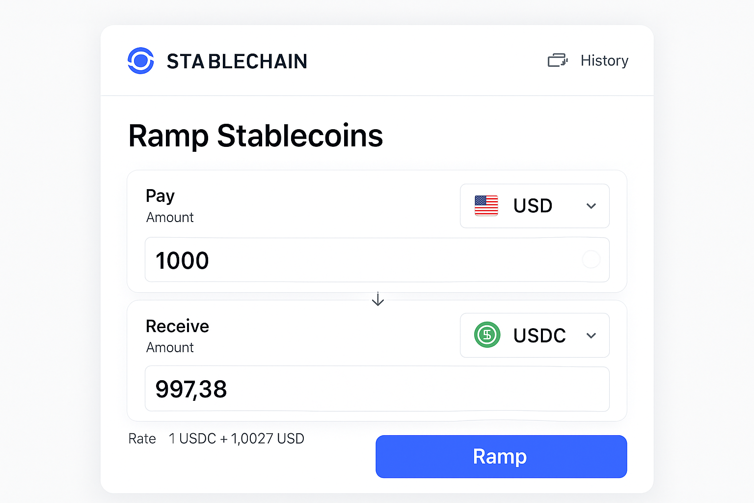 Stablechain user-friendly interface for stablecoin ramping