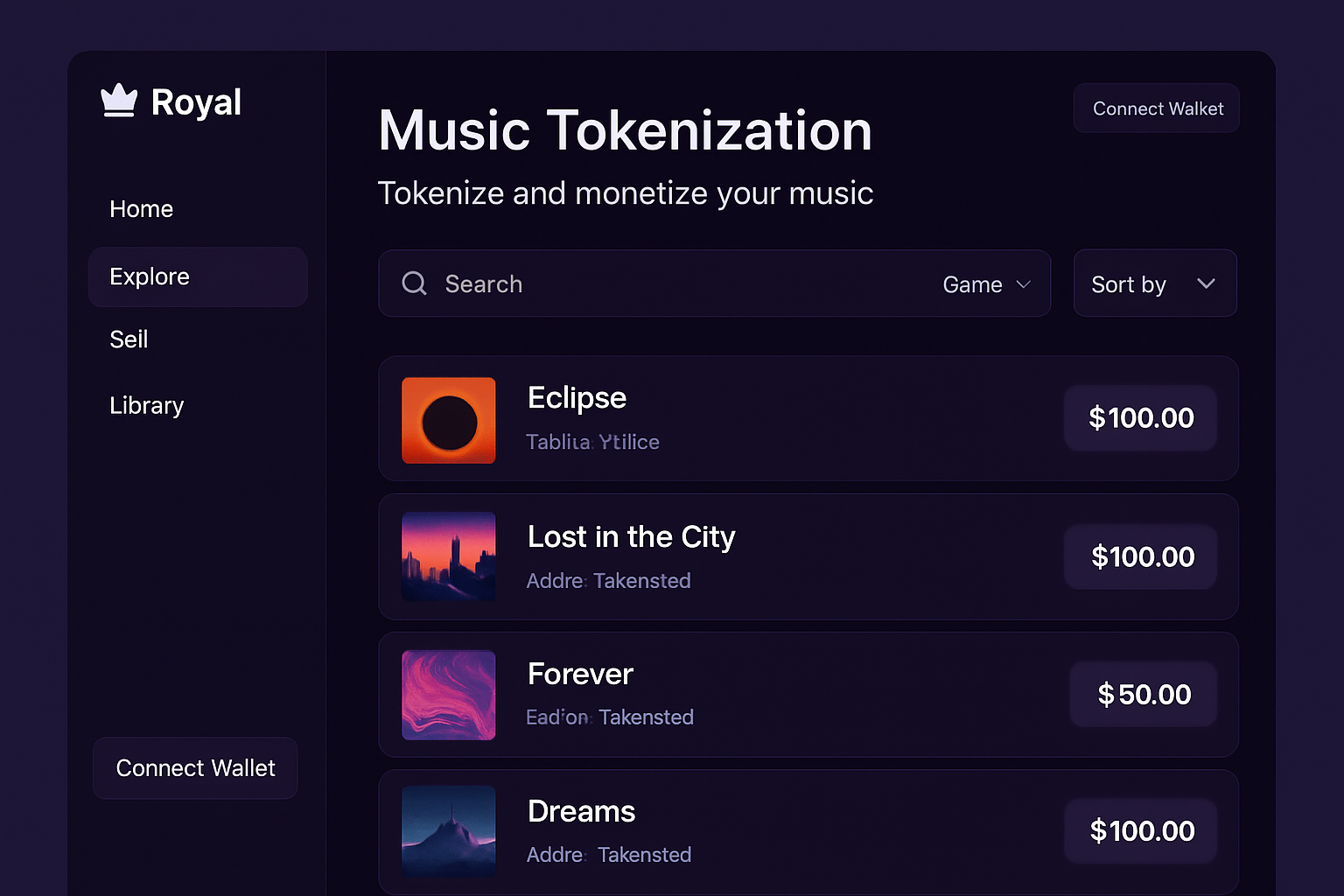 Royal music tokenization platform interface