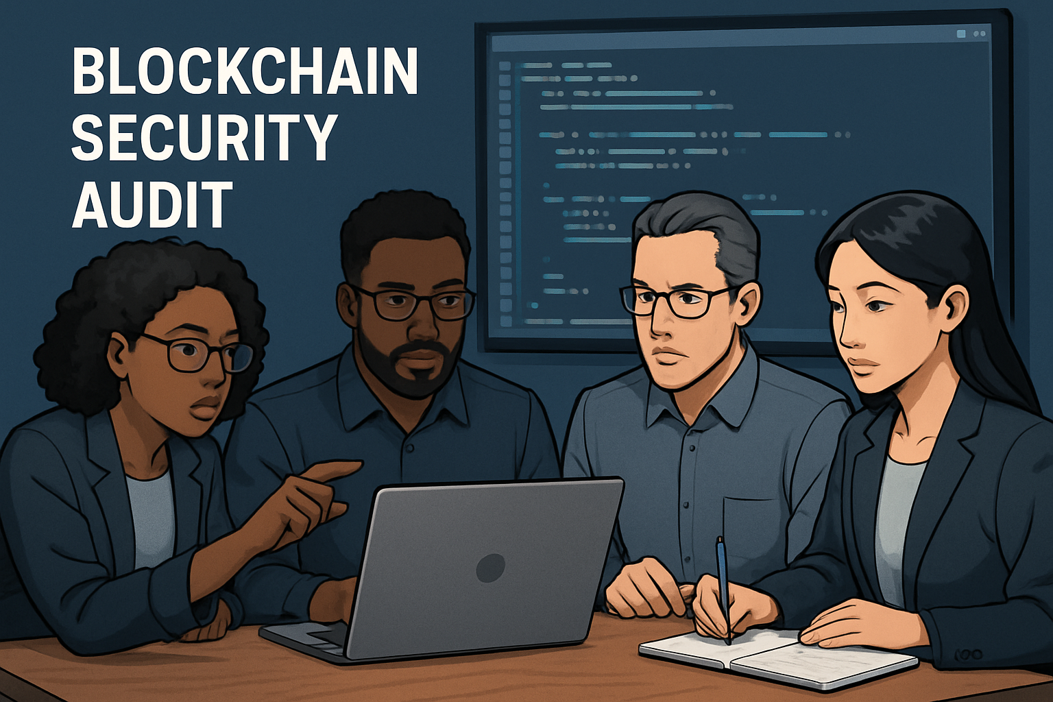 blockchain security audit team reviewing code