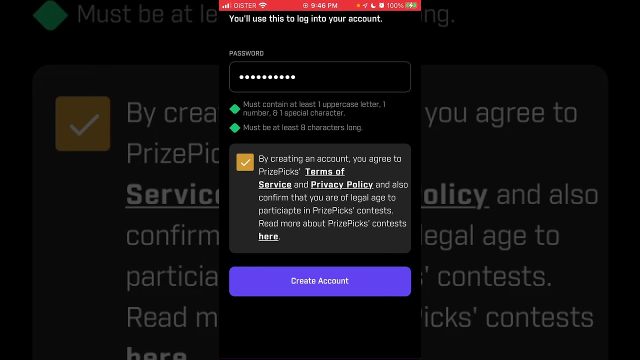 PrizePicks account creation screenshot