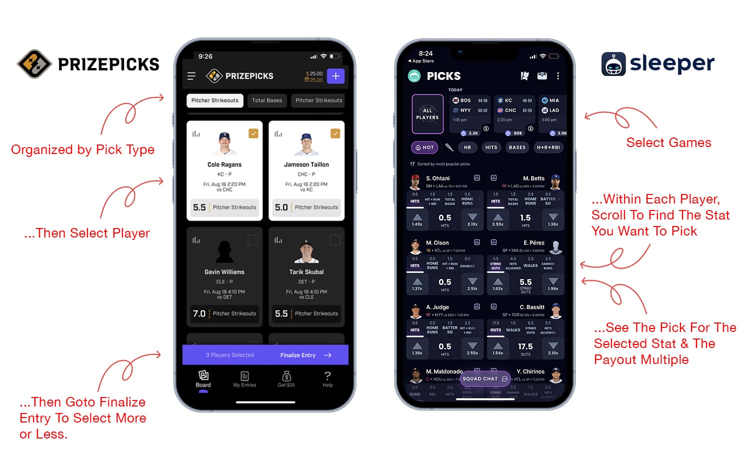 PrizePicks more or less selection interface