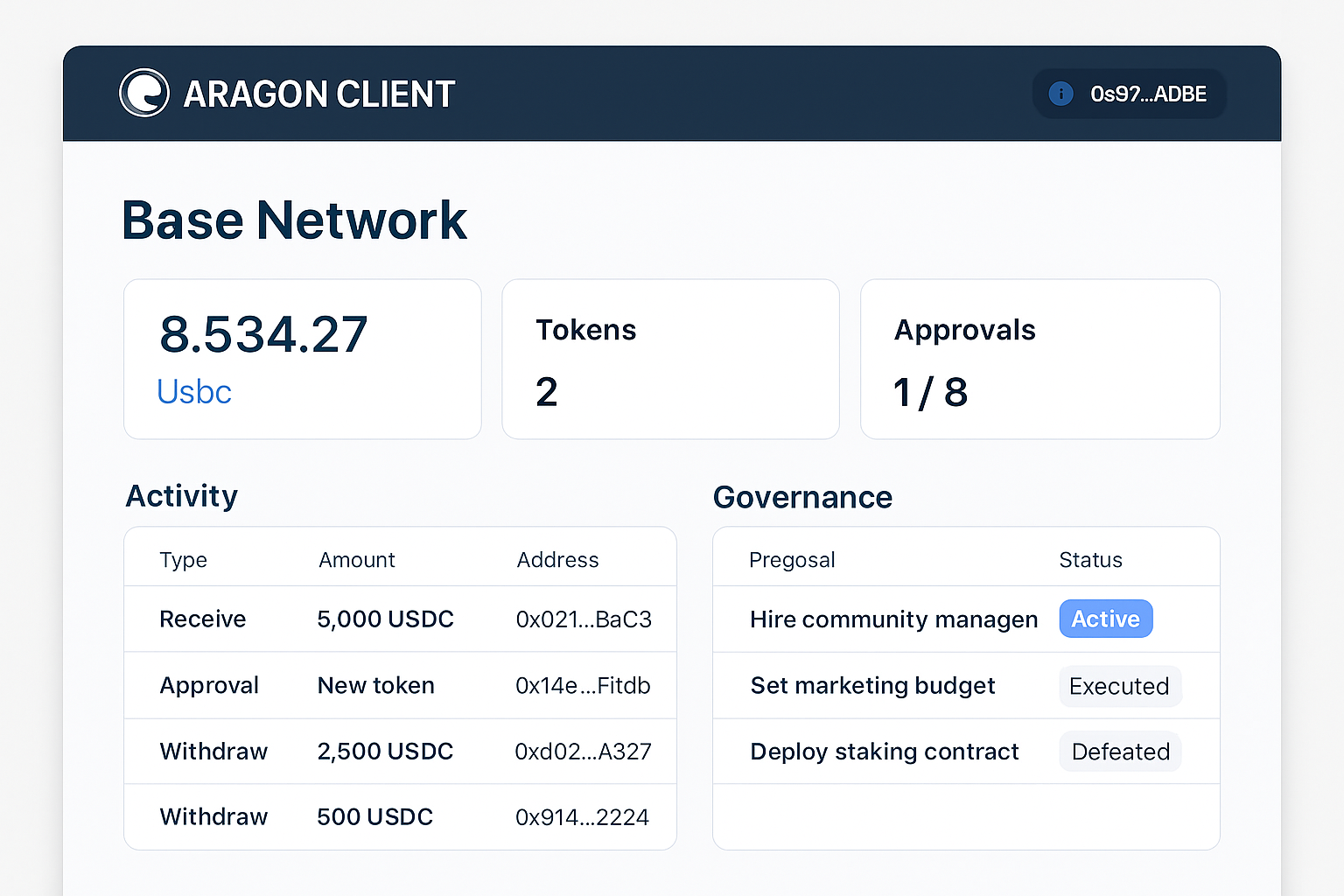 Aragon Client dashboard Base Network