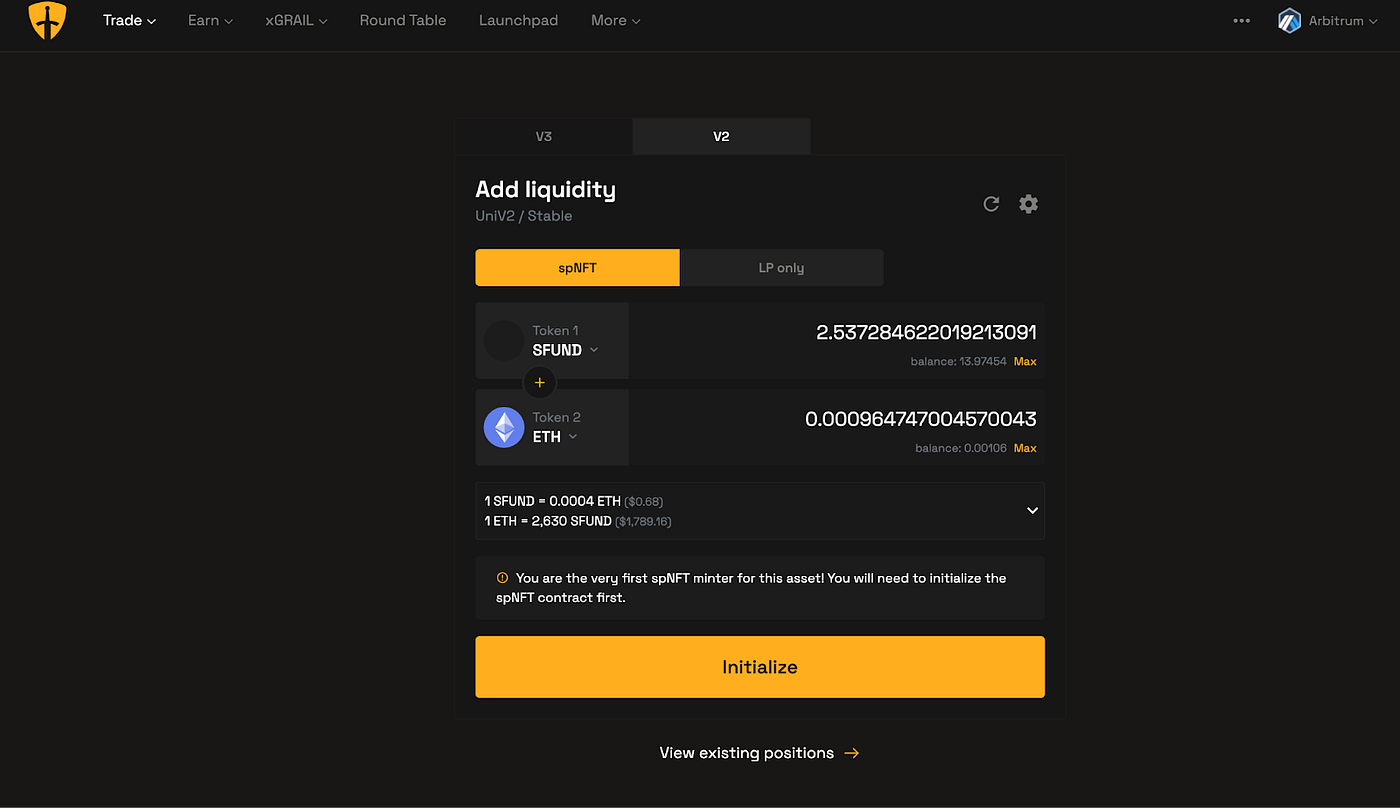 Camelot DEX Arbitrum interface screenshot showcasing NFT governance badges for verifiable voting and DAO strategy ownership