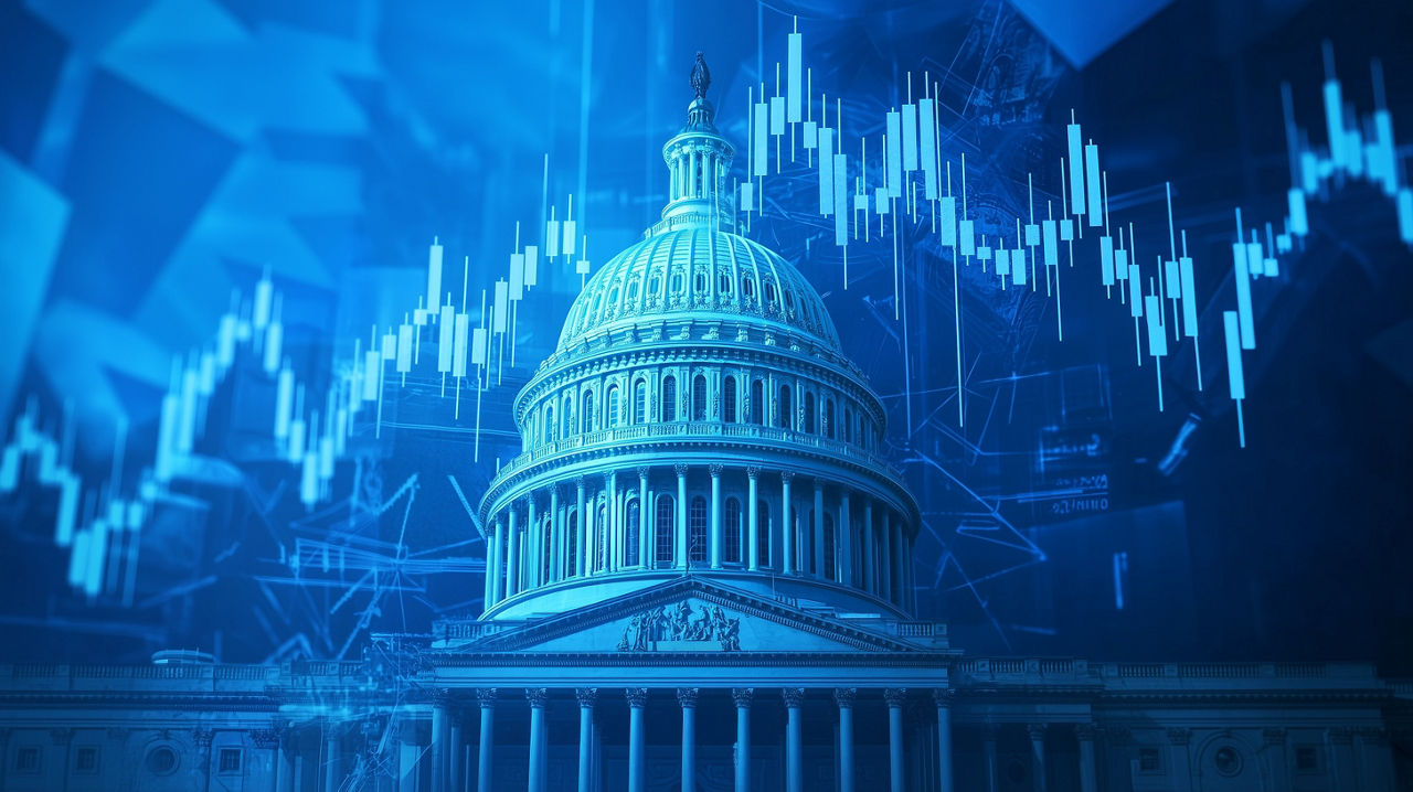 U.S. Capitol dome at dusk with digital blockchain graphics overlay representing stablecoin regulation under the GENIUS Act 2025