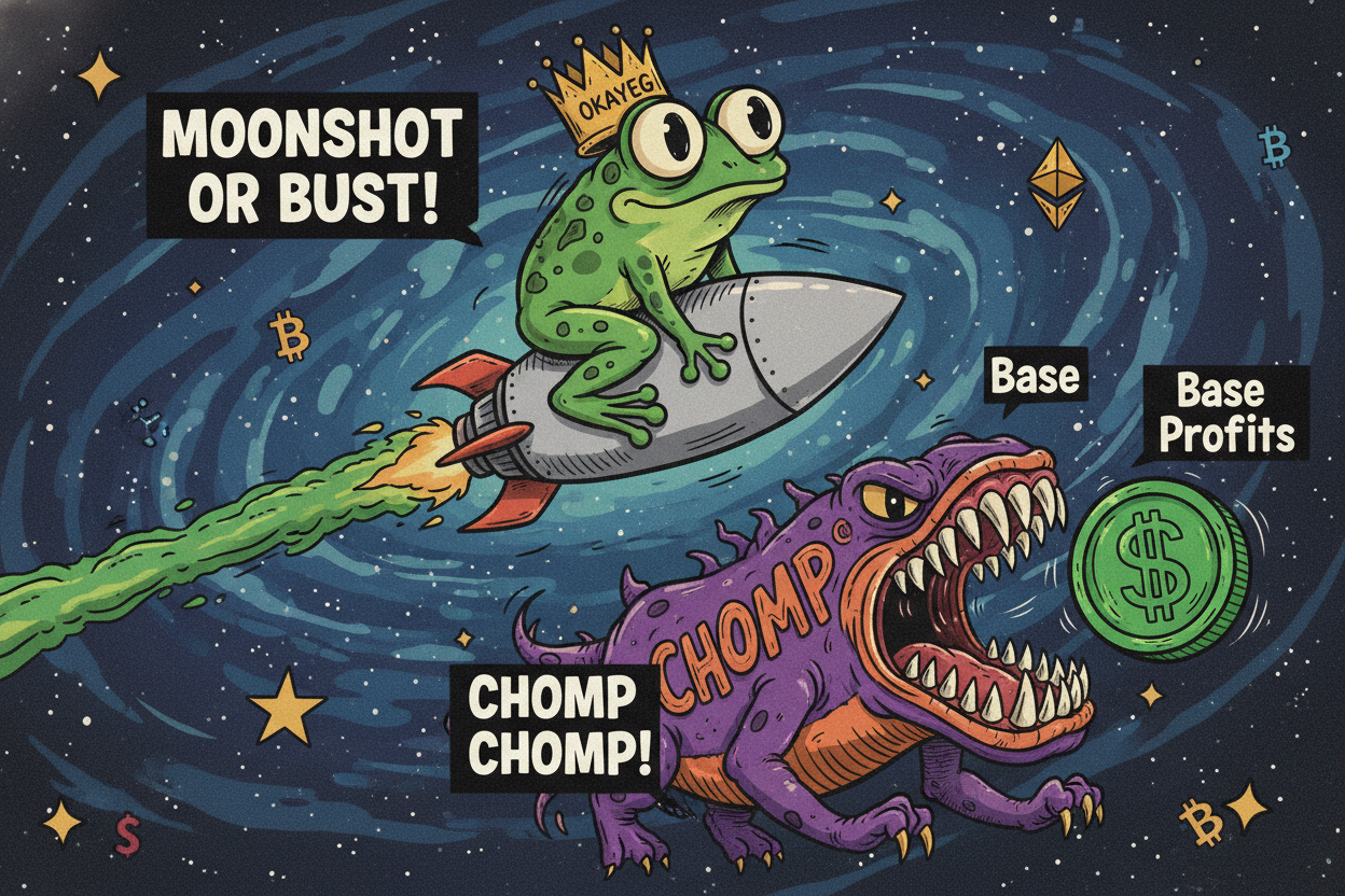 Cartoonish memes of CHOMP memecoin biting into Base chain profits and OKAYEG frog eyeing moonshots in 2026 Base memecoins tier list