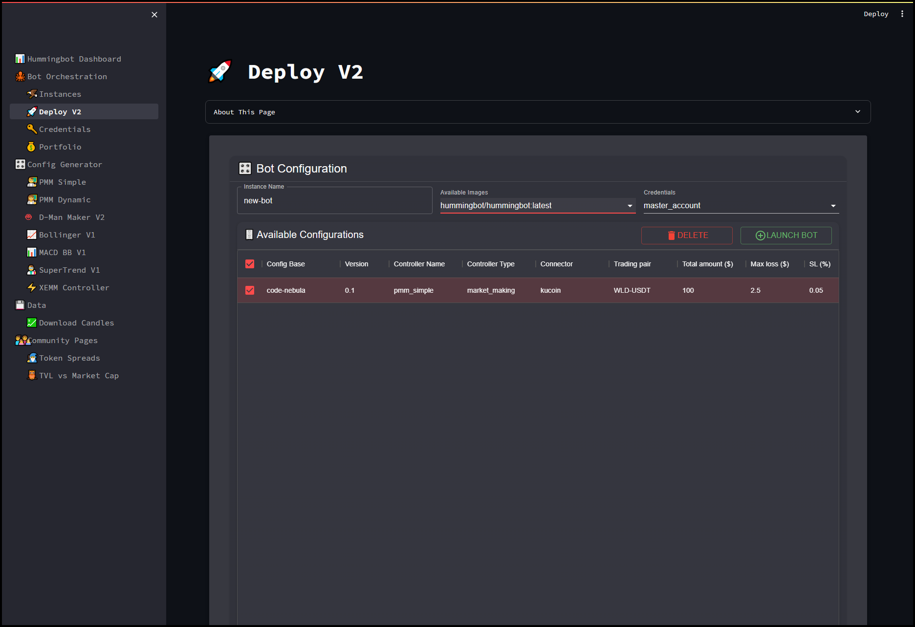 Hummingbot crypto arbitrage bot interface screenshot