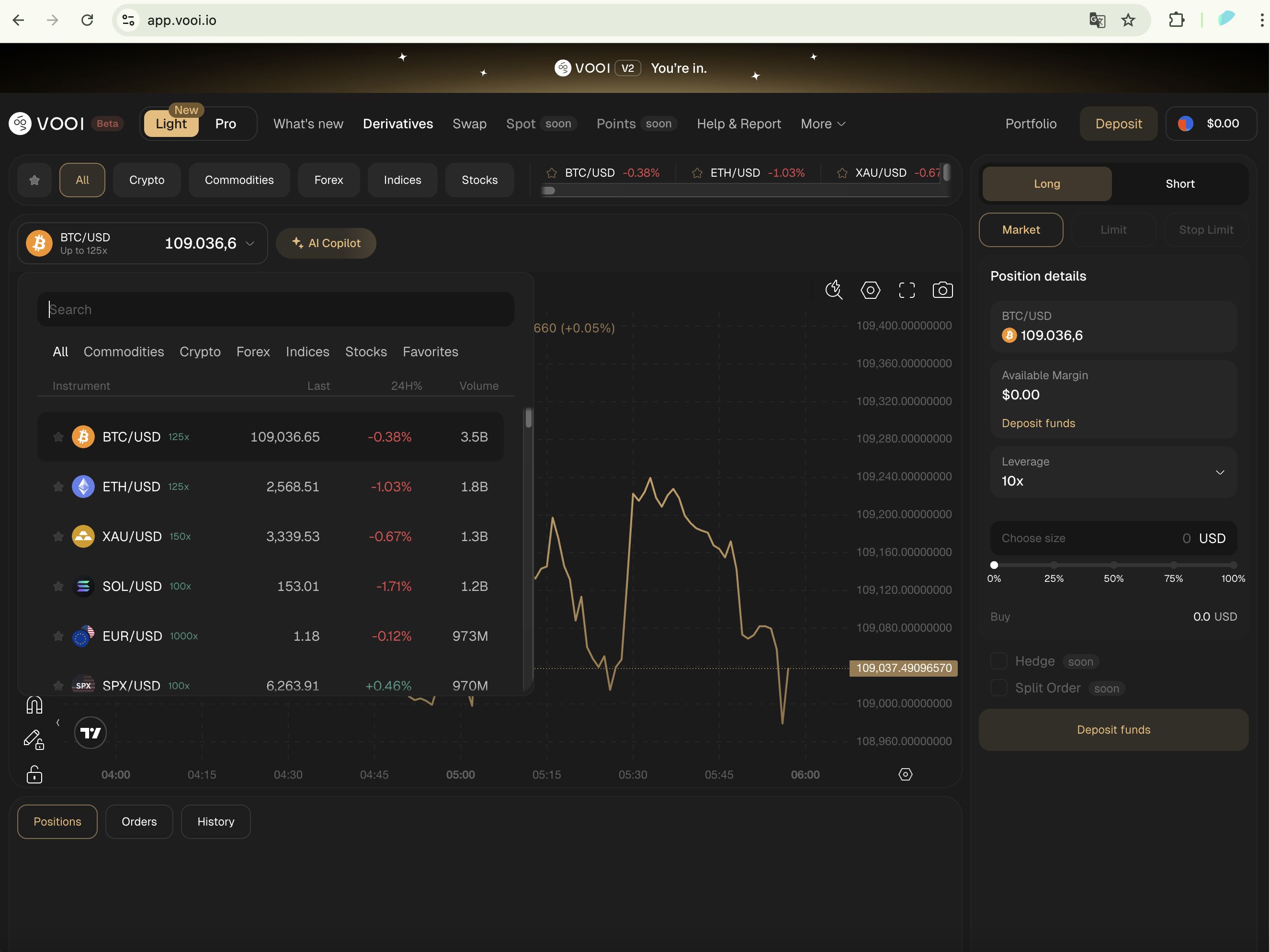 Vooi gasless trading interface