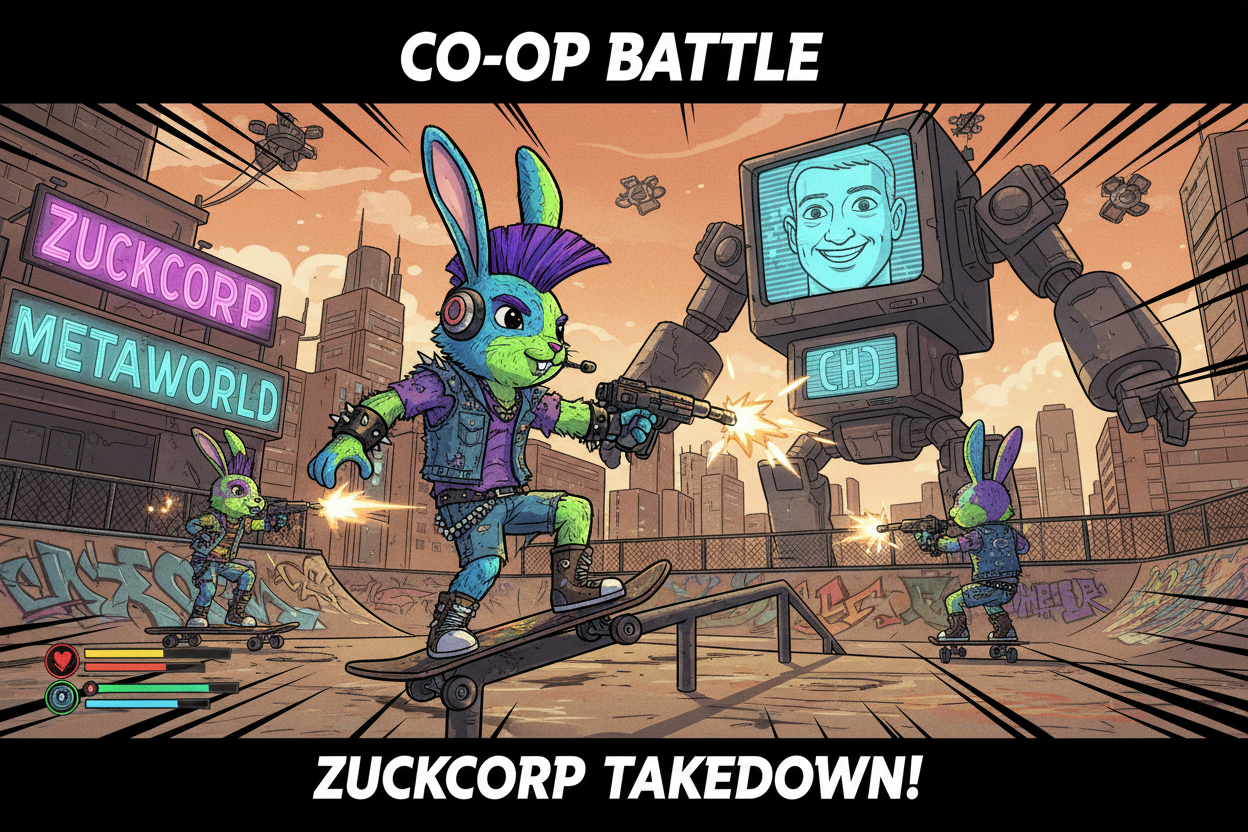 Cel-shaded My Pet Hooligan trailer screenshot showing customizable rabbit skateboarding dynamically with explosive co-op battles against ZuckCorp in Web3 shooter game