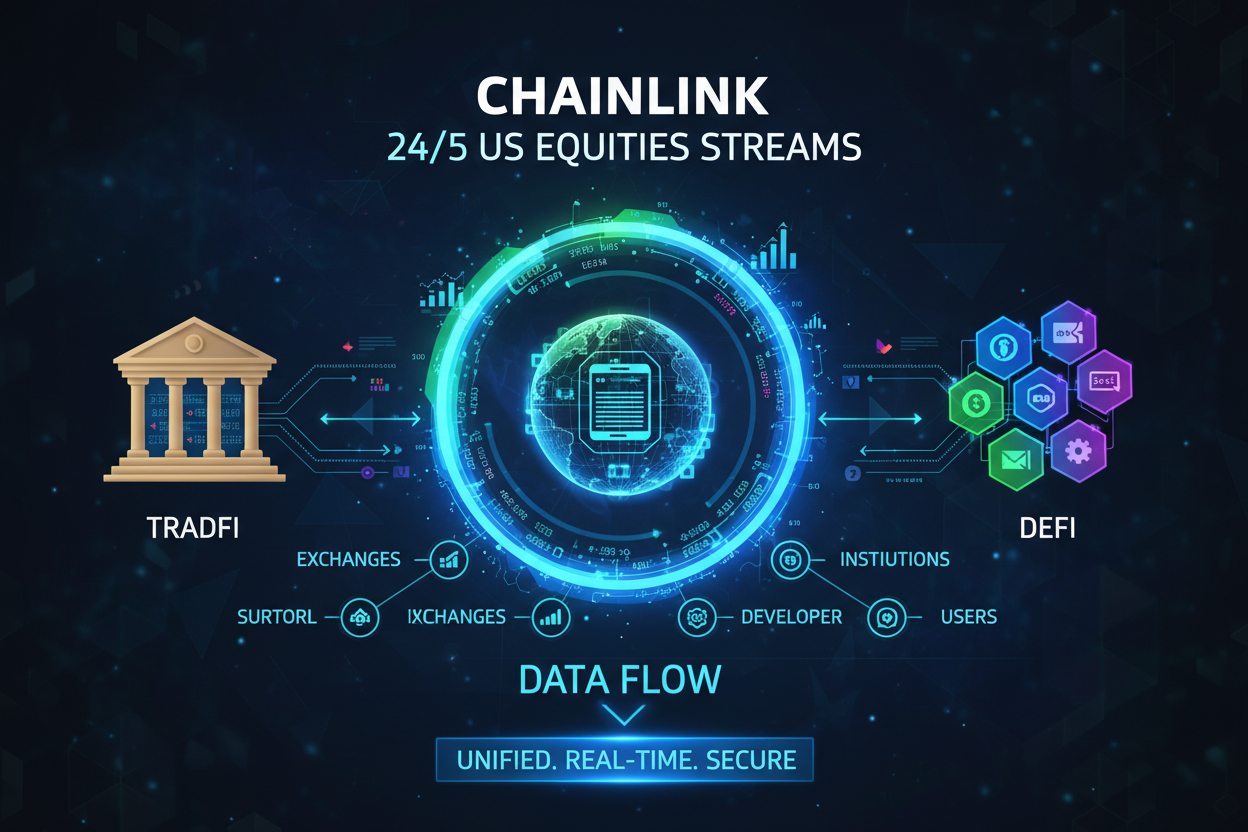 Chainlink 24/5 U.S. Equities Streams announcement graphic visualizing seamless data flow from TradFi to DeFi