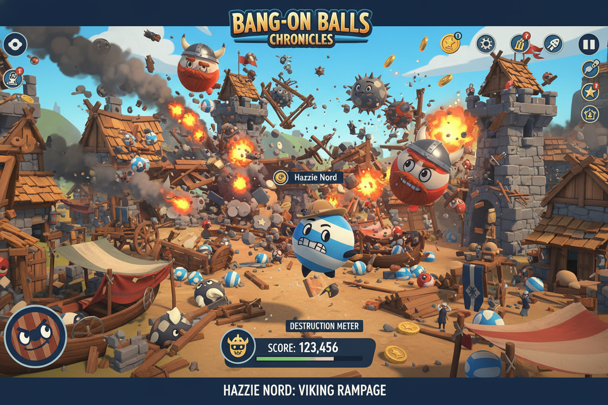 Chaotic physics-based destruction screenshot from Bang-On Balls Chronicles gameplay showcase by Hazzie and Nord, featuring bouncing balls smashing through historical levels