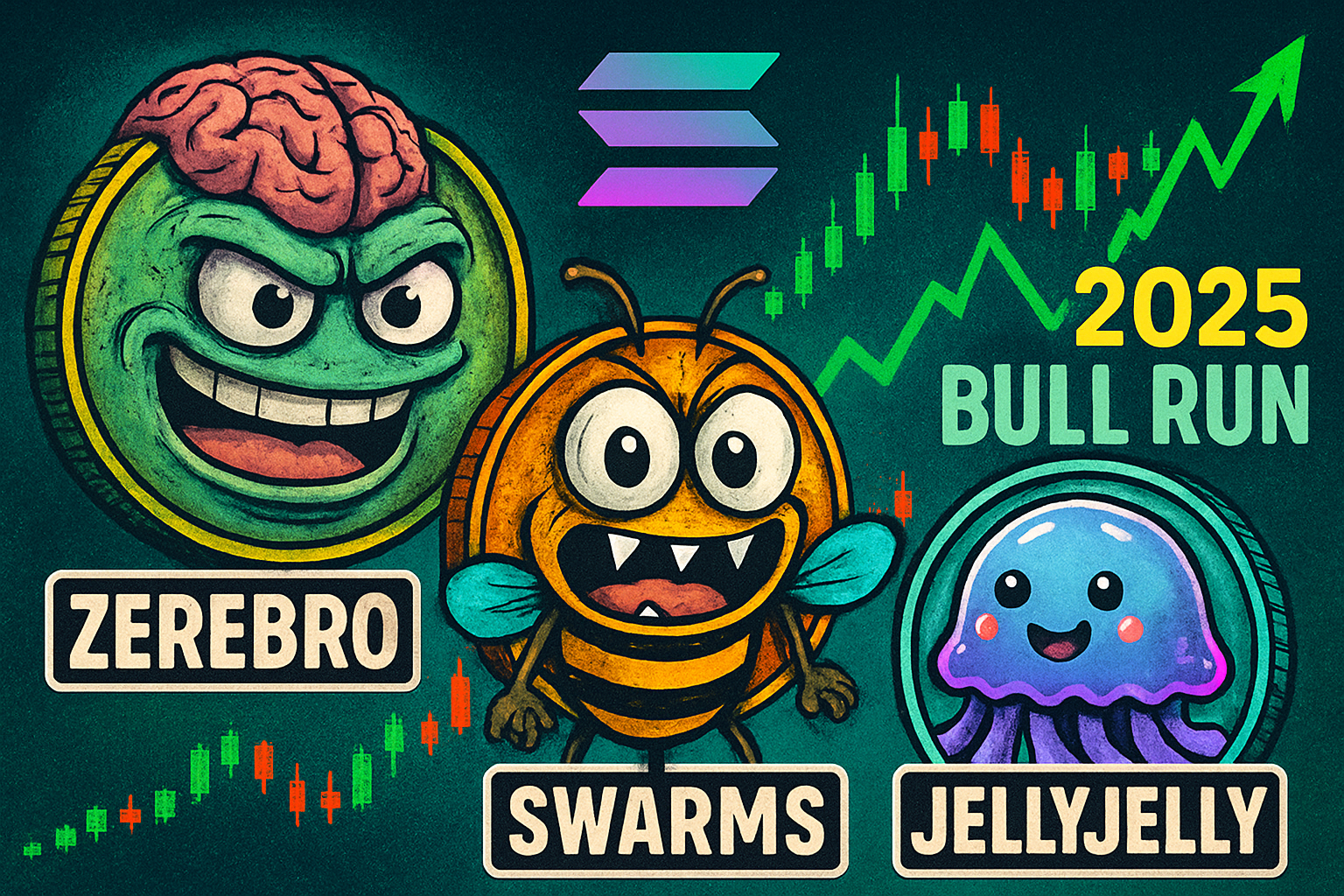 Conceptual collage representing Zerebro, SWARMS, and JellyJelly Solana meme coins with digital tokens and bullish 2025 market momentum