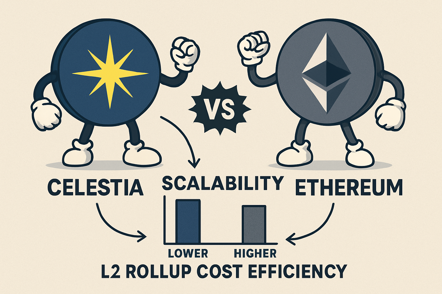 Conceptual image representing Celestia and Ethereum data availability costs for L2 rollups, highlighting cost efficiency and scalability without showing specific price charts or numbers.