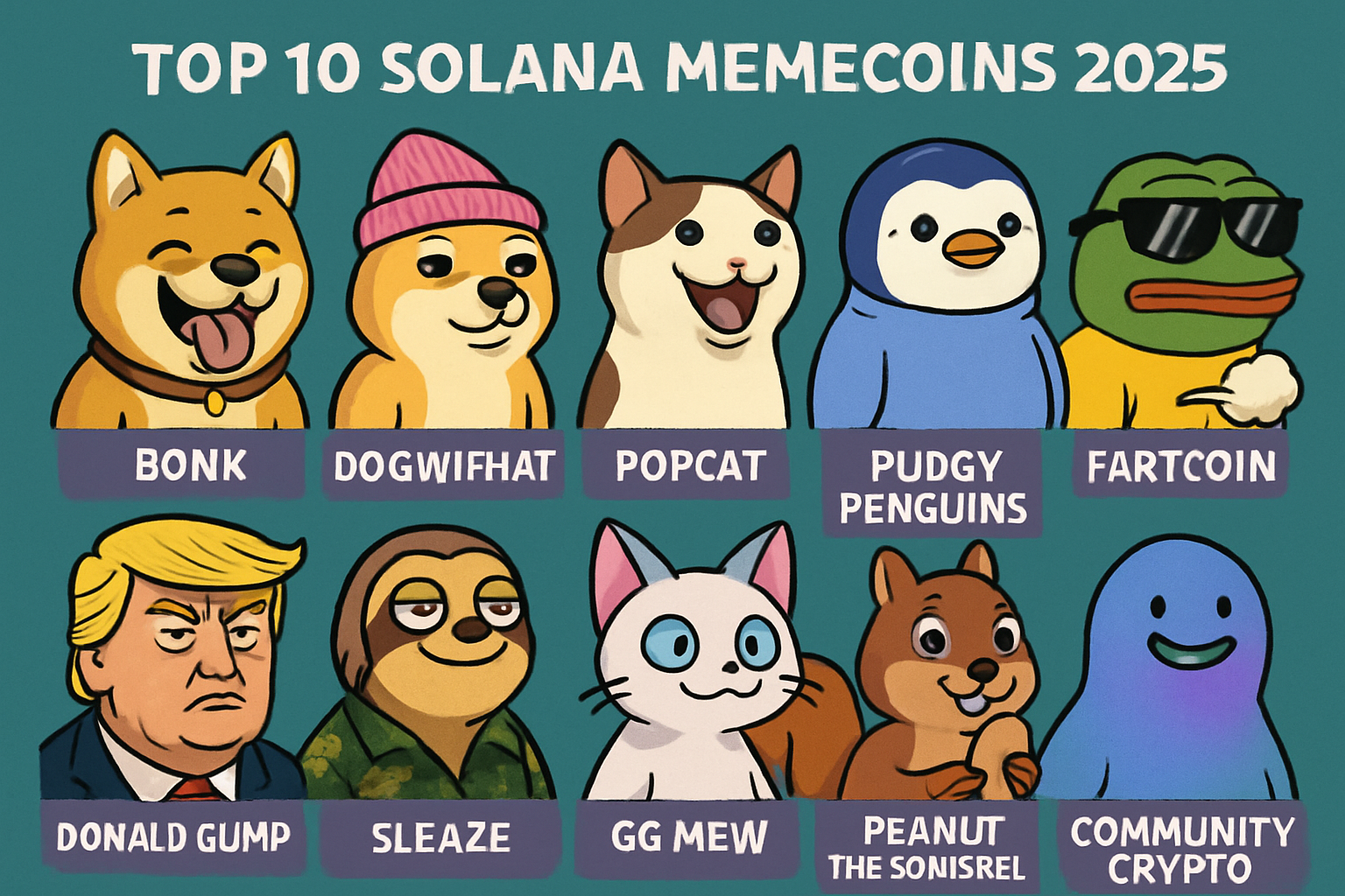 Conceptual image representing the top 10 Solana memecoins for 2025, including Bonk, Dogwifhat, Popcat, Pudgy Penguins, Fartcoin, Donald Gump, Sleaze, GG, Mew, and Peanut the Squirrel, with digital coin symbols and vibrant community energy.