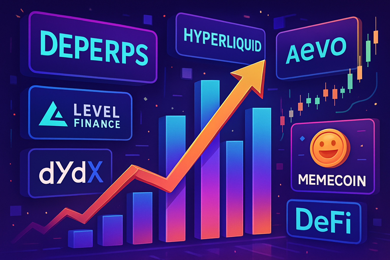 Conceptual illustration of top Perp DEX platforms—DEPERPS, Hyperliquid, Aevo, Level Finance, dYdX v4—showcasing surging trading volumes and active memecoin contracts in the DeFi ecosystem.