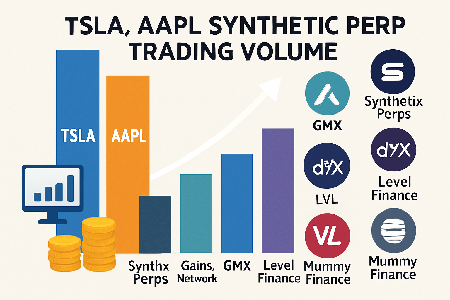 Conceptual illustration of TSLA and AAPL synthetic perpetual contracts trading volume across top DeFi platforms like Synthetix Perps, Gains Network, GMX, dYdX, Level Finance, Panoptic, and Mummy Finance, highlighting decentralized stock trading with leverage.