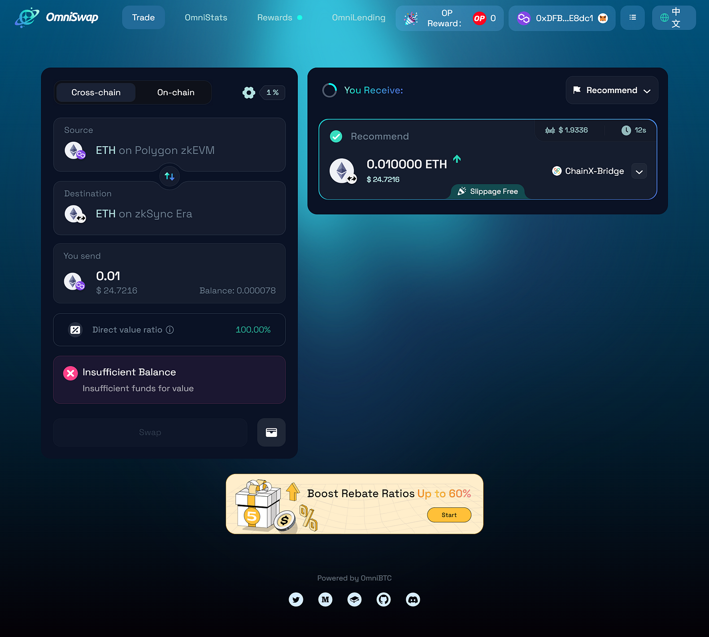 Clean screenshot of zkSync Era bridge interface showing successful ETH deposit from Ethereum mainnet to zkSync with balance confirmation for MetaMask users