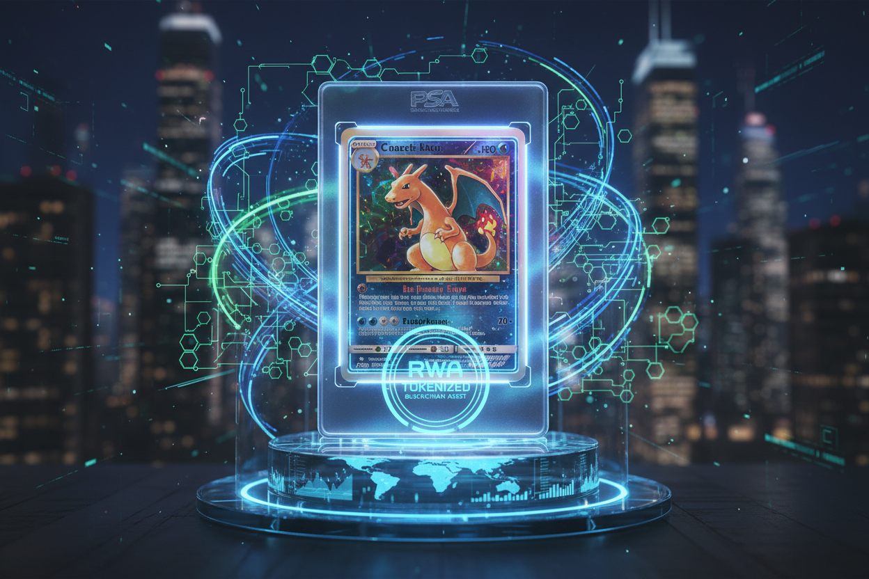 Close-up of rare PSA-graded Charizard Pokémon card glowing with blockchain tokenization effects, representing RWA tokenization on tcgonchain.com