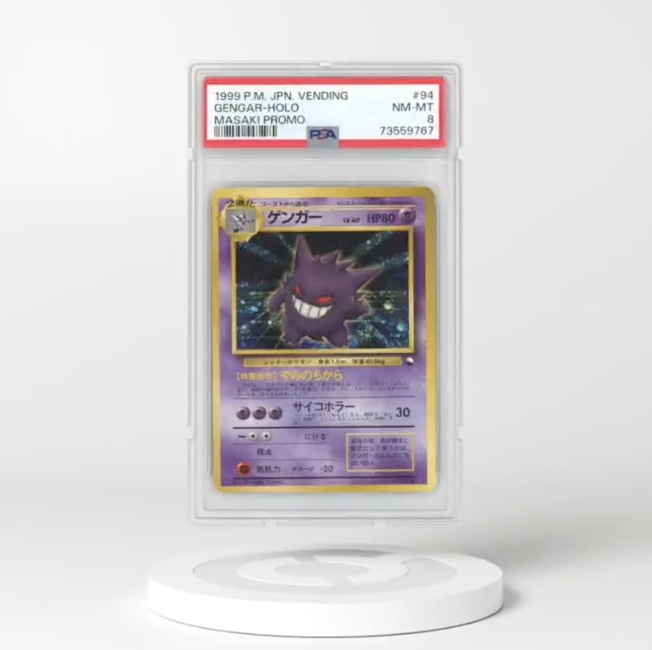 Close-up of a professionally graded Pokémon card stored in a secure vault with a digital NFT overlay representing blockchain ownership, illustrating tokenized trading card innovation in 2025.