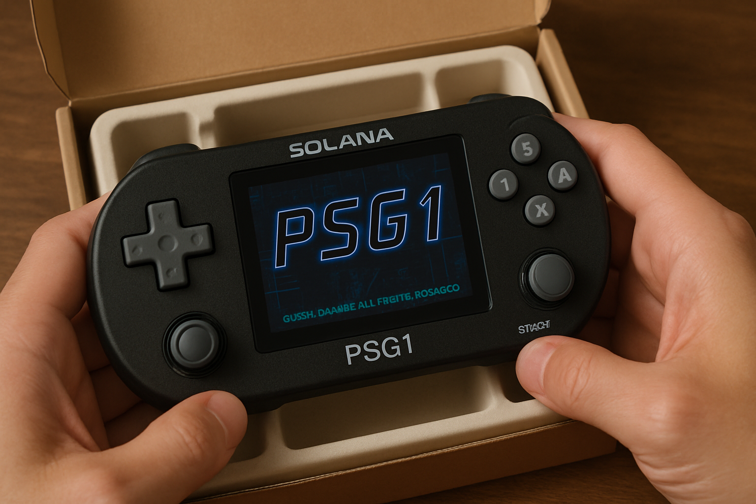 Close-up unboxing of Play Solana PSG1 handheld gaming console showing buttons, OLED screen, and retro nostalgia vibes for Solana Web3 gaming review