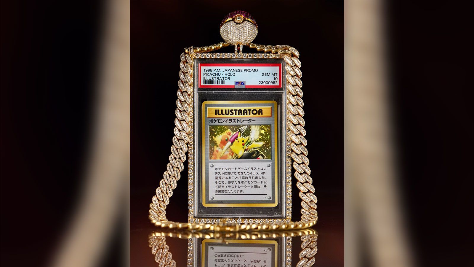 Close-up of Logan Paul's PSA Gem Mint 10 Pikachu Illustrator Pokémon card, the world's most expensive trading card sold for $16.5 million at auction
