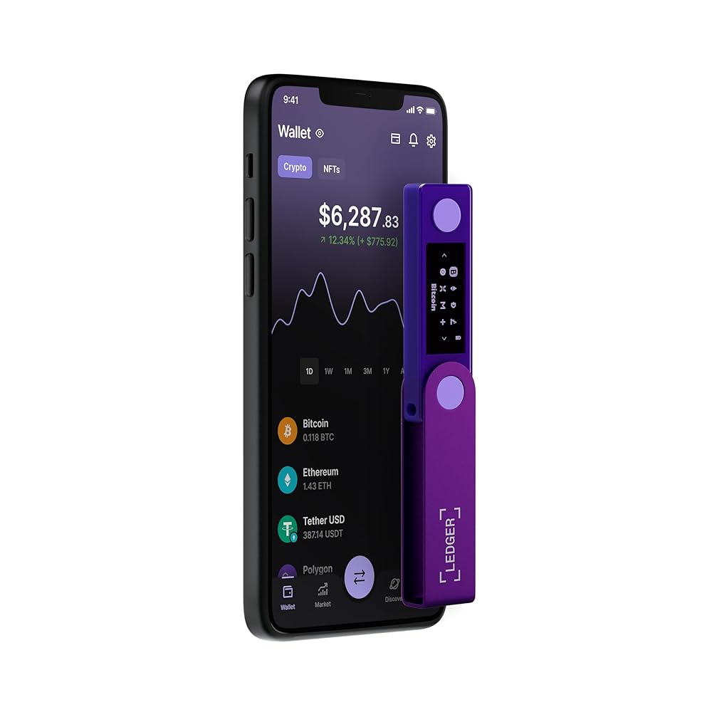 Close-up of Ledger Nano X hardware wallet displaying its modern touchscreen interface, ideal for secure Bitcoin self-custody in 2025