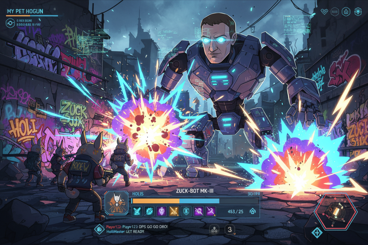 My Pet Hooligan Web3 game co-op raid screenshot: Hoolis rabbits teaming up against Meta ZuckBot boss with neon explosions and graffiti tags