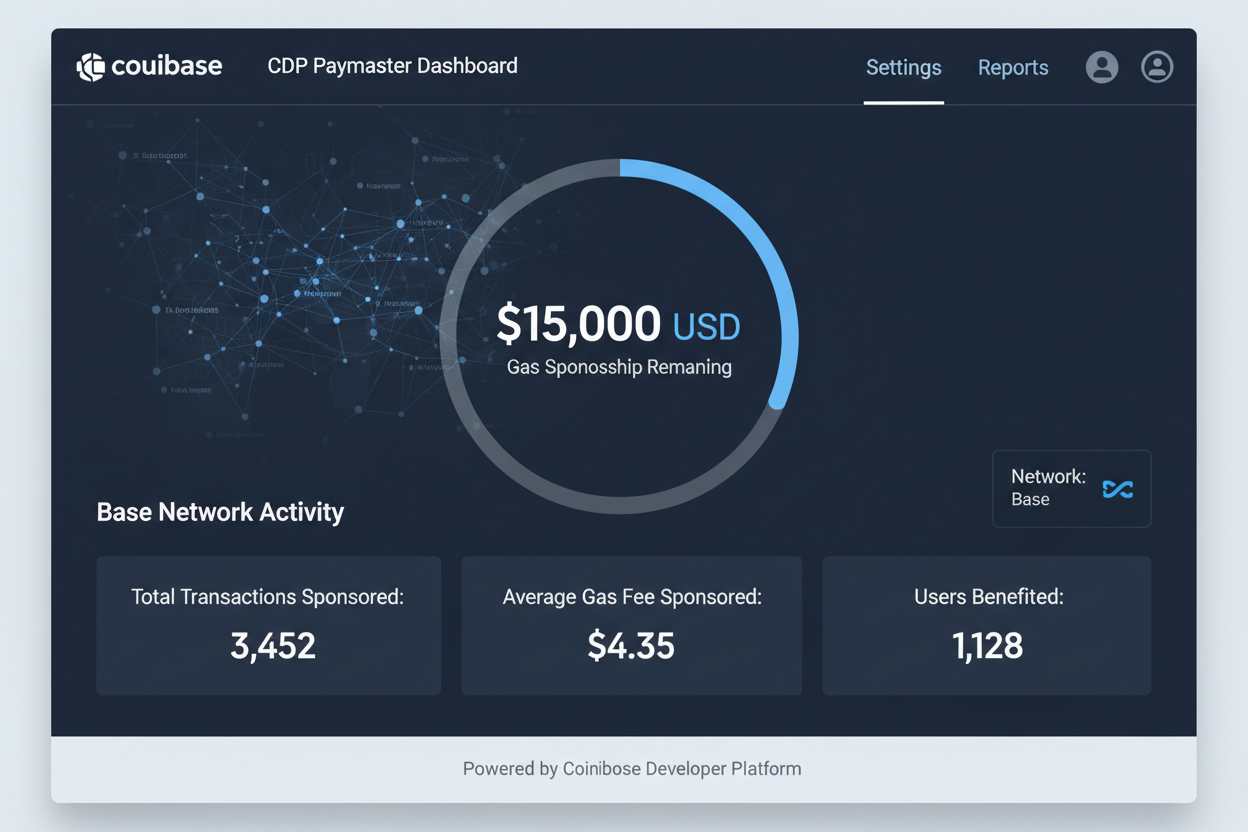 Coinbase CDP Paymaster dashboard interface screenshot showing $15K gas sponsorship limit on Base network for ERC-4337 account abstraction