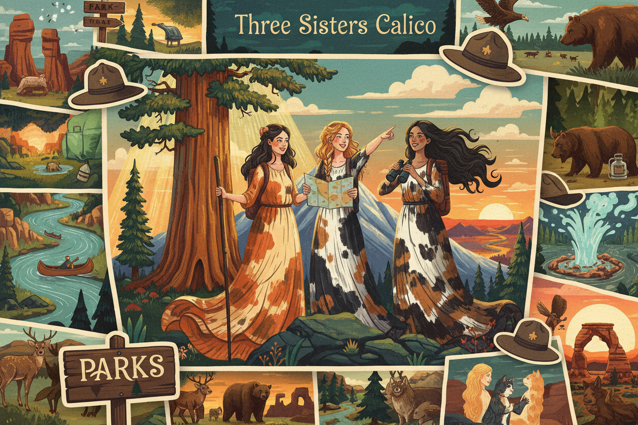 Collage of vibrant artwork from underrated board games Three Sisters, Calico, and PARKS, highlighting colorful B3 aesthetics on basement.fun hidden gems 2026