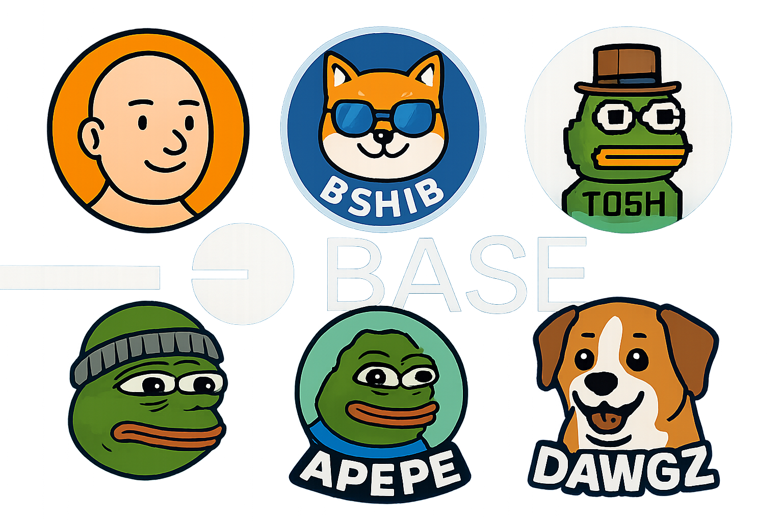 Collage of BALD, Based Shiba Inu (BSHIB), TOSHI, Aero Pepe (APEPE), and Base Dawgz (DAWGZ) logos on a Base blockchain themed background, representing trending Base memecoins in 2024.