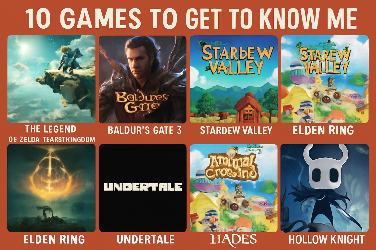 Collage of video game covers: Zelda Tears of the Kingdom, Baldur's Gate 3, Stardew Valley, Elden Ring, Persona 5 Royal, Animal Crossing New Horizons, Celeste, Undertale, Hades, and Hollow Knight for '10 Games to Get to Know Me' Twitter trend.