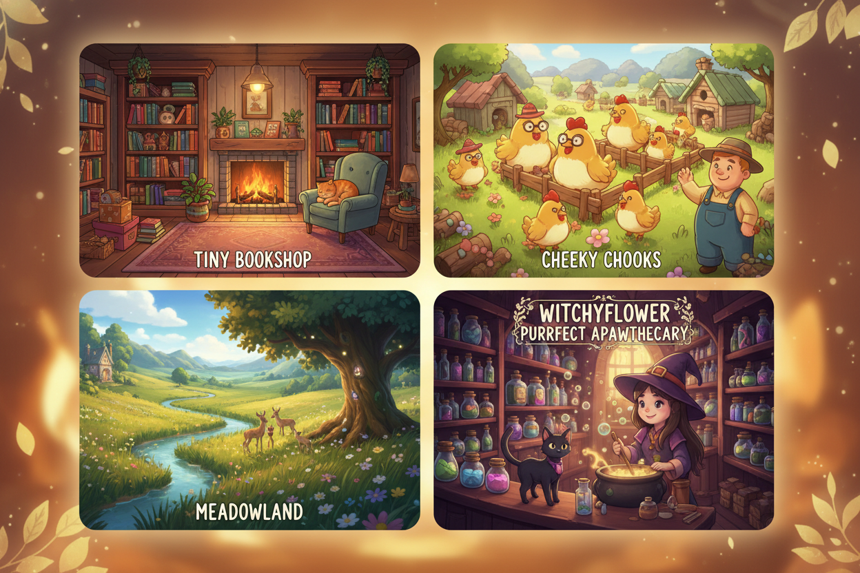 Collage of cozy Steam hidden gems 2026 screenshots: Tiny Bookshop, Cheeky Chooks chickens, Meadowland meadows, Purrfect Apawthecary cats, Botany Manor for casual gamers 95%+ rated under 1000 reviews