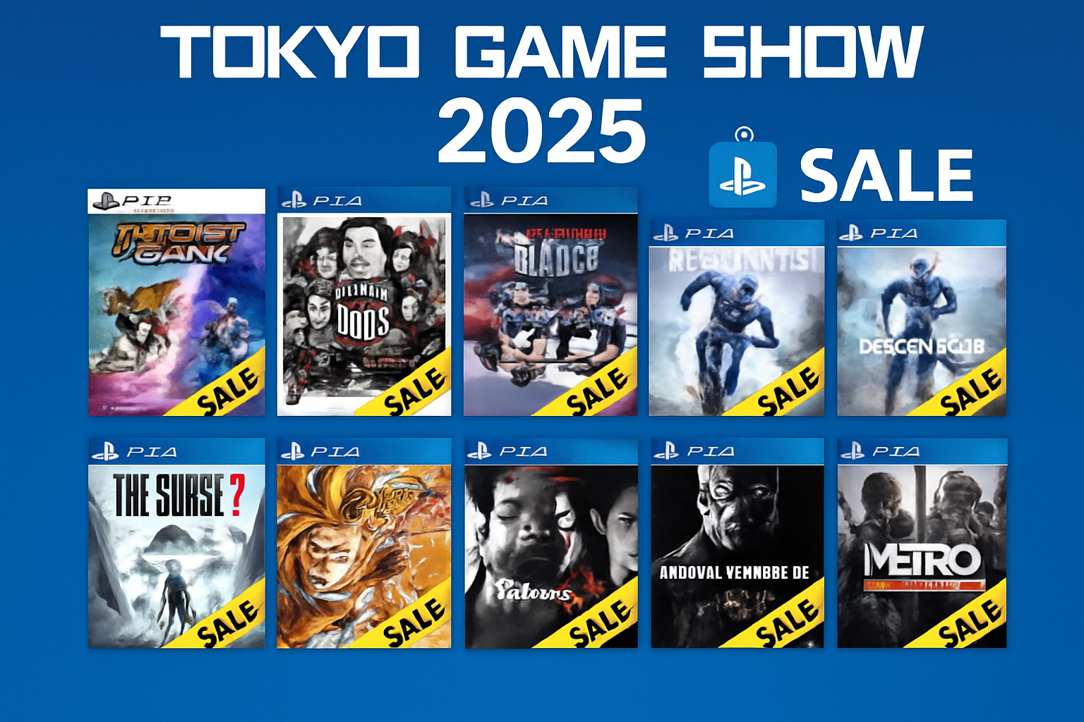 Collage of discounted PS4 and PS5 game covers from the Tokyo Game Show 2025 PlayStation Store sale, featuring Ratchet & Clank, Sleeping Dogs, South Park, Descenders, The Surge 2, Dragon Ball FighterZ, Darksiders Warmastered Edition, Little Nightmares, Shadow of the Tomb Raider, Yakuza Kiwami, Mortal Kombat XL, Metro Redux Bundle, and Hotline Miami Collection.