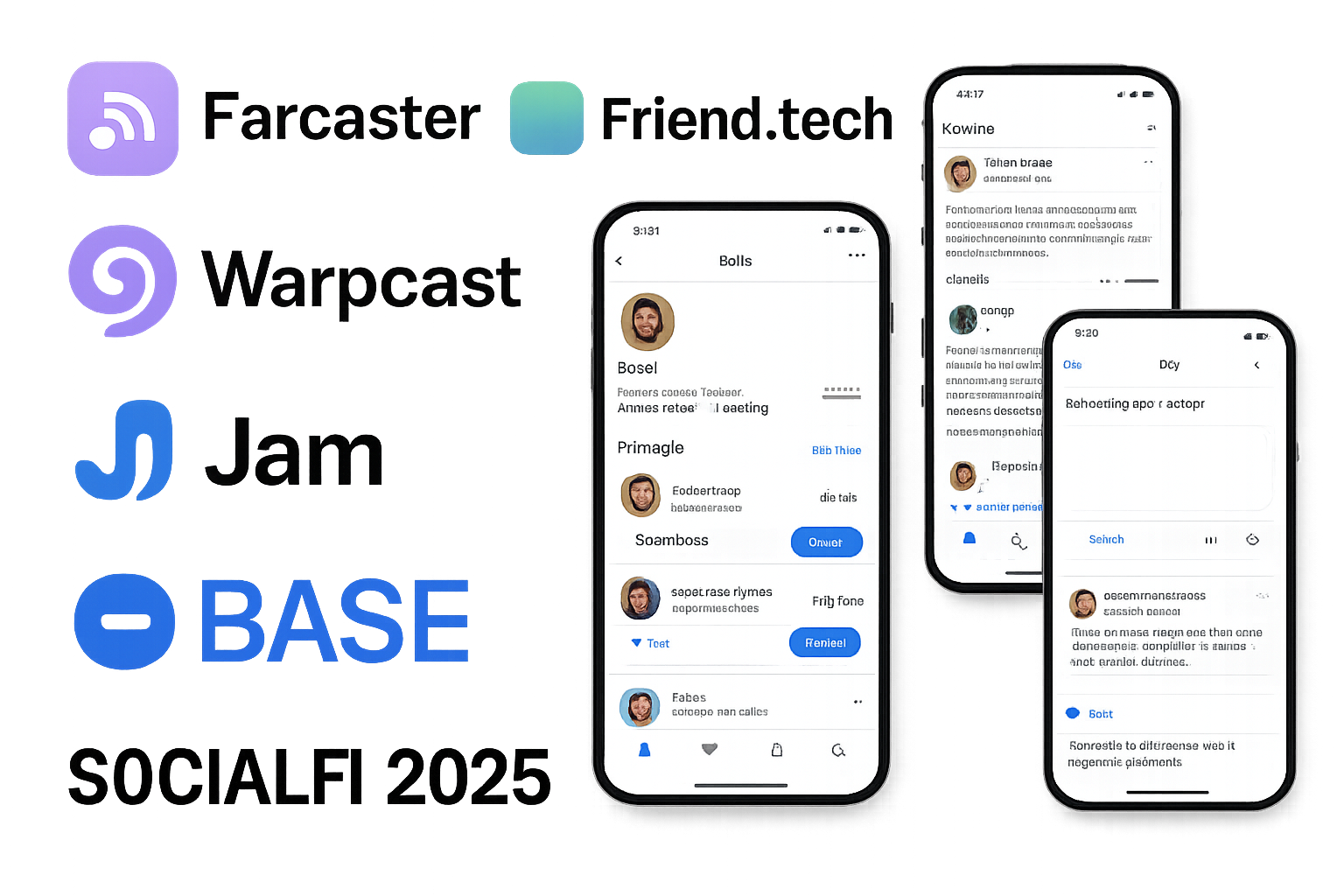Collage of Farcaster, Friend.Tech, Launchcaster, Warpcast, Paragraph, and Jam app logos and user interfaces on Base blockchain SocialFi ecosystem in 2025