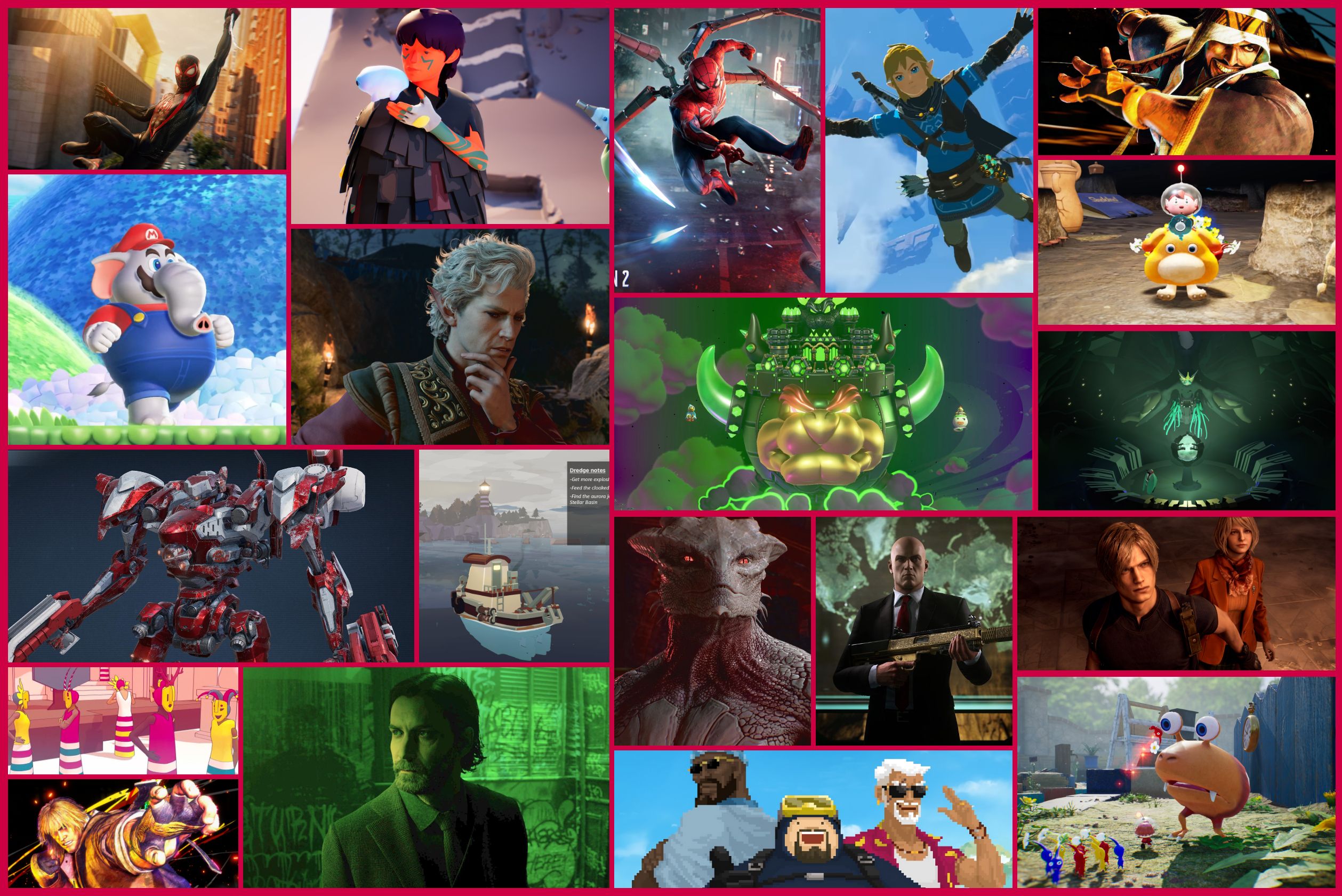 Collage of gameplay screenshots from Lethal Company, Pizza Tower, and Deep Rock Galactic: Survivor highlighting hidden gem games on Basement.fun in 2024