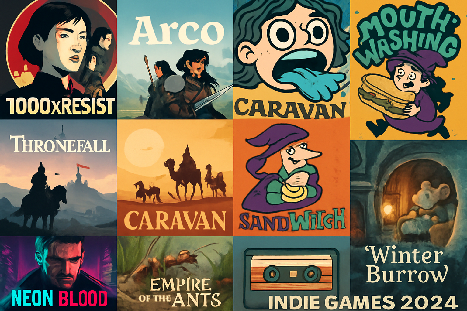 Collage of key art from the top 10 most anticipated indie games of 2024: 1000xResist, Arco, Indika, Mouthwashing, Thronefall, Caravan SandWitch, Neon Blood, Empire of the Ants, Mixtape, and Winter Burrow.
