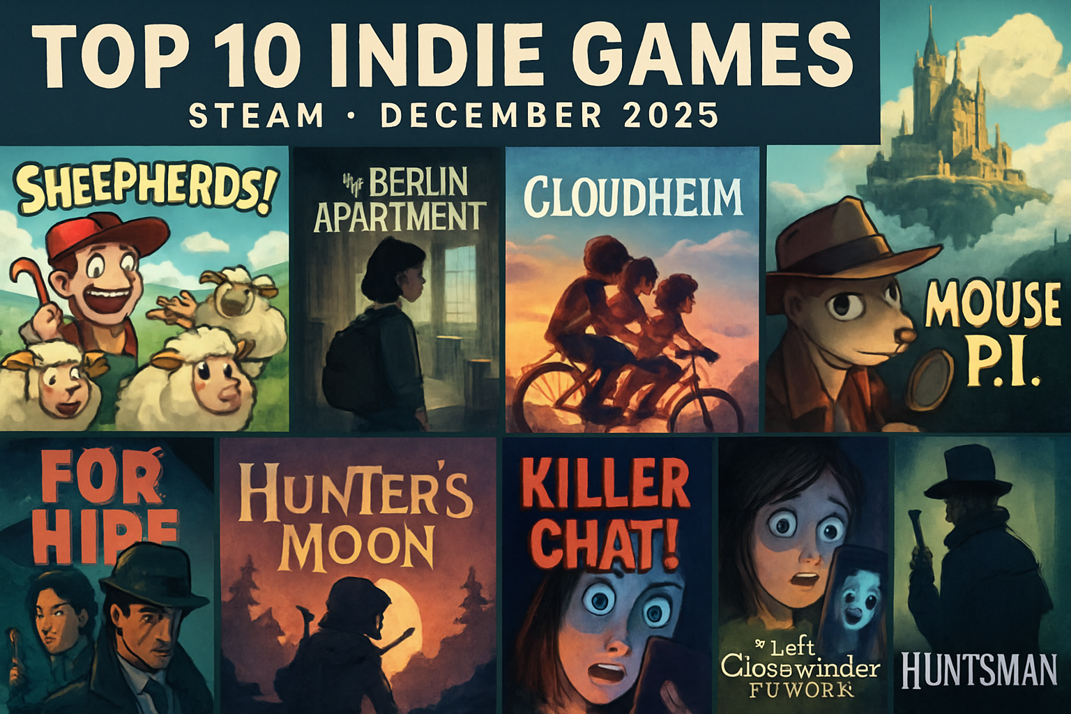Collage of key art for top 10 indie games releasing on Steam in December 2025, including Sheepherds!, The Berlin Apartment, Cloudheim, MIO: Memories in Orbit, Mixtape, Mouse P.I. For Hire, Hunter's Moon: A Sovereign Syndicate Adventure, Killer Chat!, Huntsman, and The Last Clockwinder: Echoes.