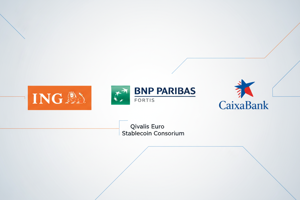 Collage of logos from ING, BNP Paribas, CaixaBank, UniCredit, Danske Bank and other EU banks in Qivalis euro stablecoin consortium launch 2026 MiCA compliant