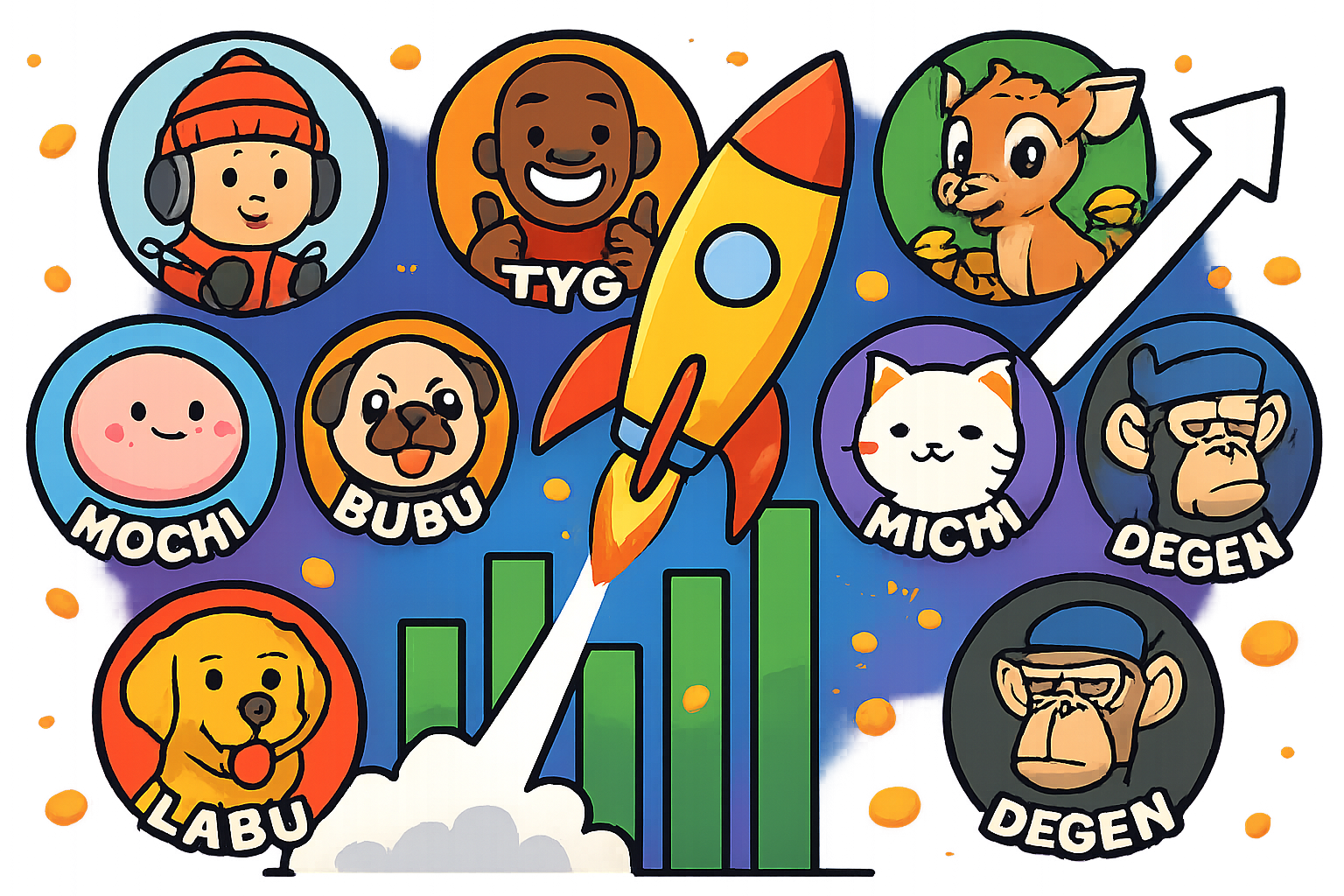 Collage of low-cap Base memecoin logos SKI BEATS TYBG BAMB MOCHI BUBU MICHI LABU KEYCAT DEGEN with explosive growth rocket motifs for 2025 100x potential