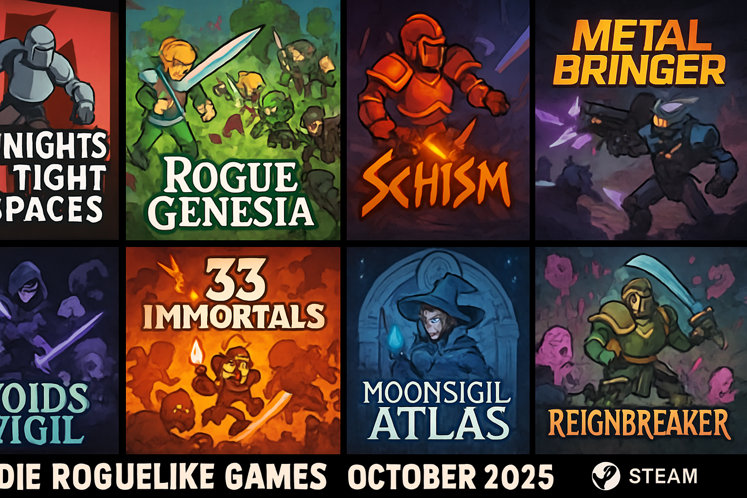 Collage featuring upcoming indie roguelike games on Steam for October 2025: Knights in Tight Spaces, Rogue Genesia, Schism, Metal Bringer, Voids Vigil, 33 Immortals, Moonsigil Atlas, and Reignbreaker.