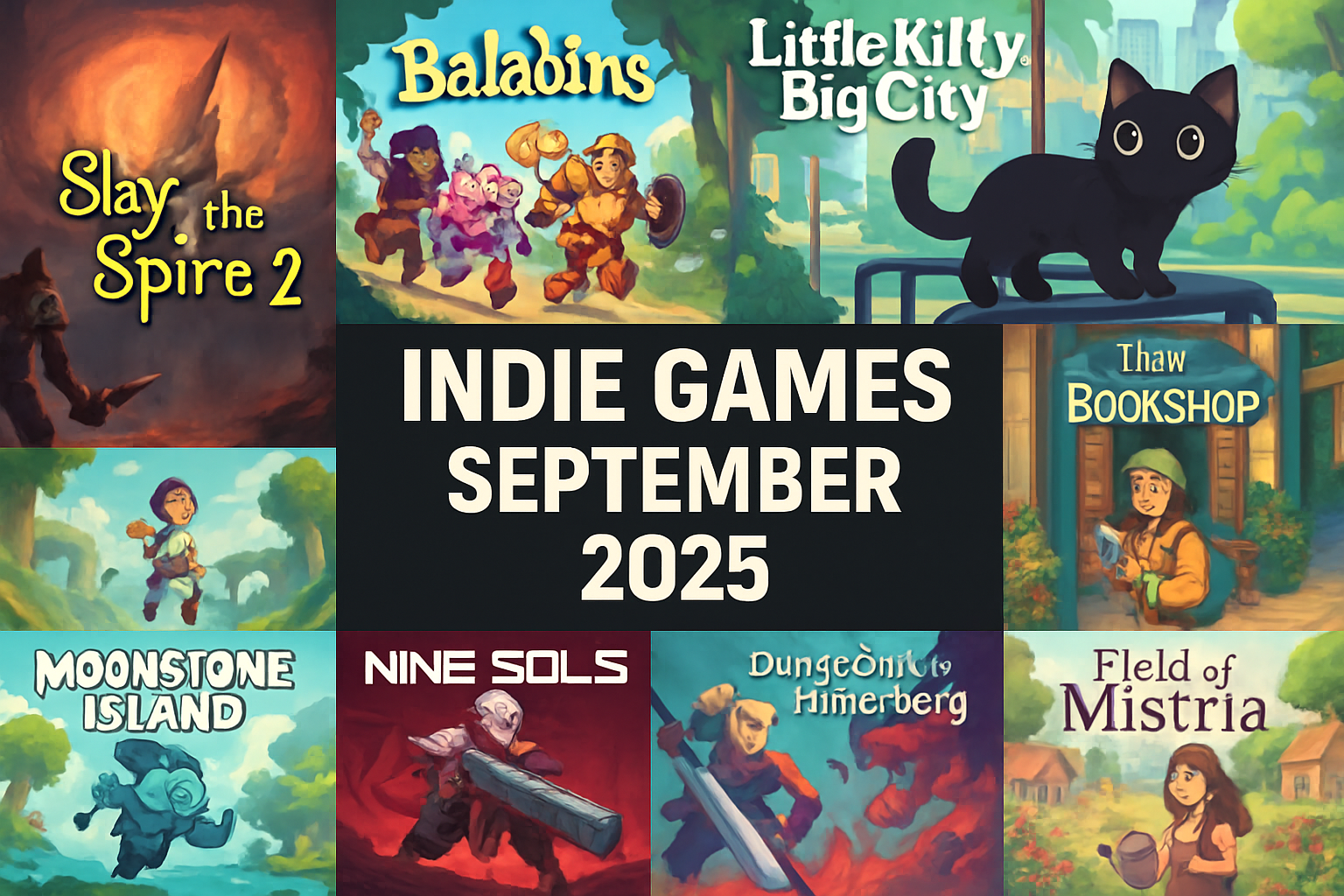 Collage featuring top 10 indie games to wishlist in September 2025: Slay the Spire 2, Baladins, Little Kitty Big City, Europa, Tiny Bookshop, Moonstone Island, Nine Sols, Dungeons of Hinterberg, Vampire Survivors Operation Guns, and Field of Mistria.